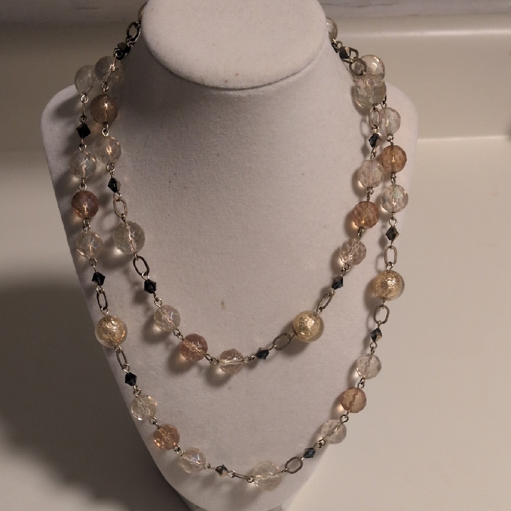 Elegant Multi-Strand Glass Bead Necklace in Champagne and Clear